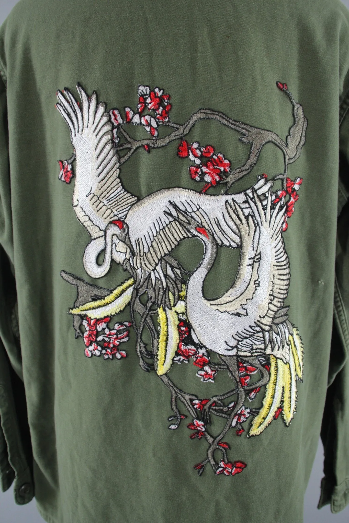 1960s Vintage Embroidered US Army Jacket with Flying Crane Birds Embroidery