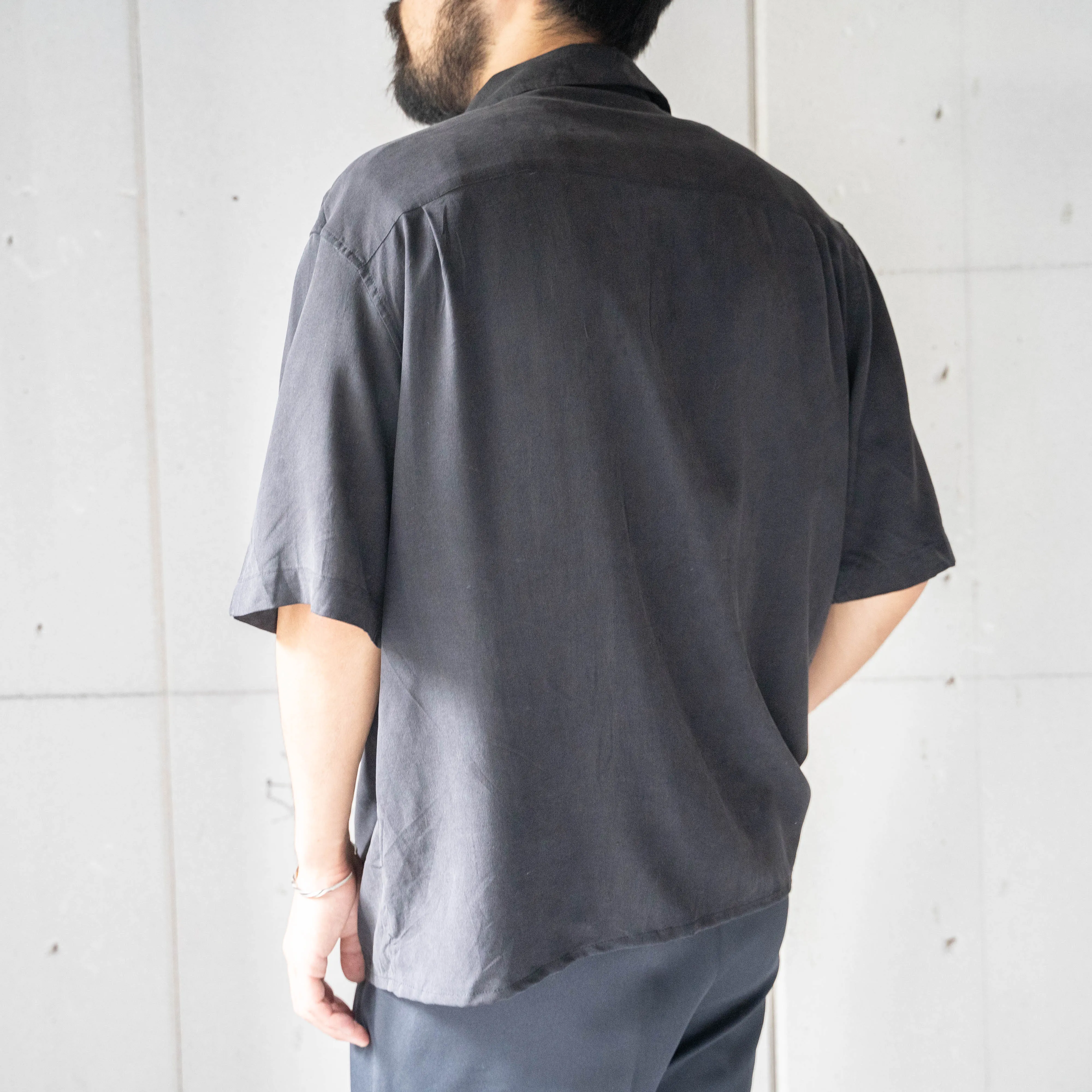 1990s black color silk open collar short sleeve design  shirt 'remake'