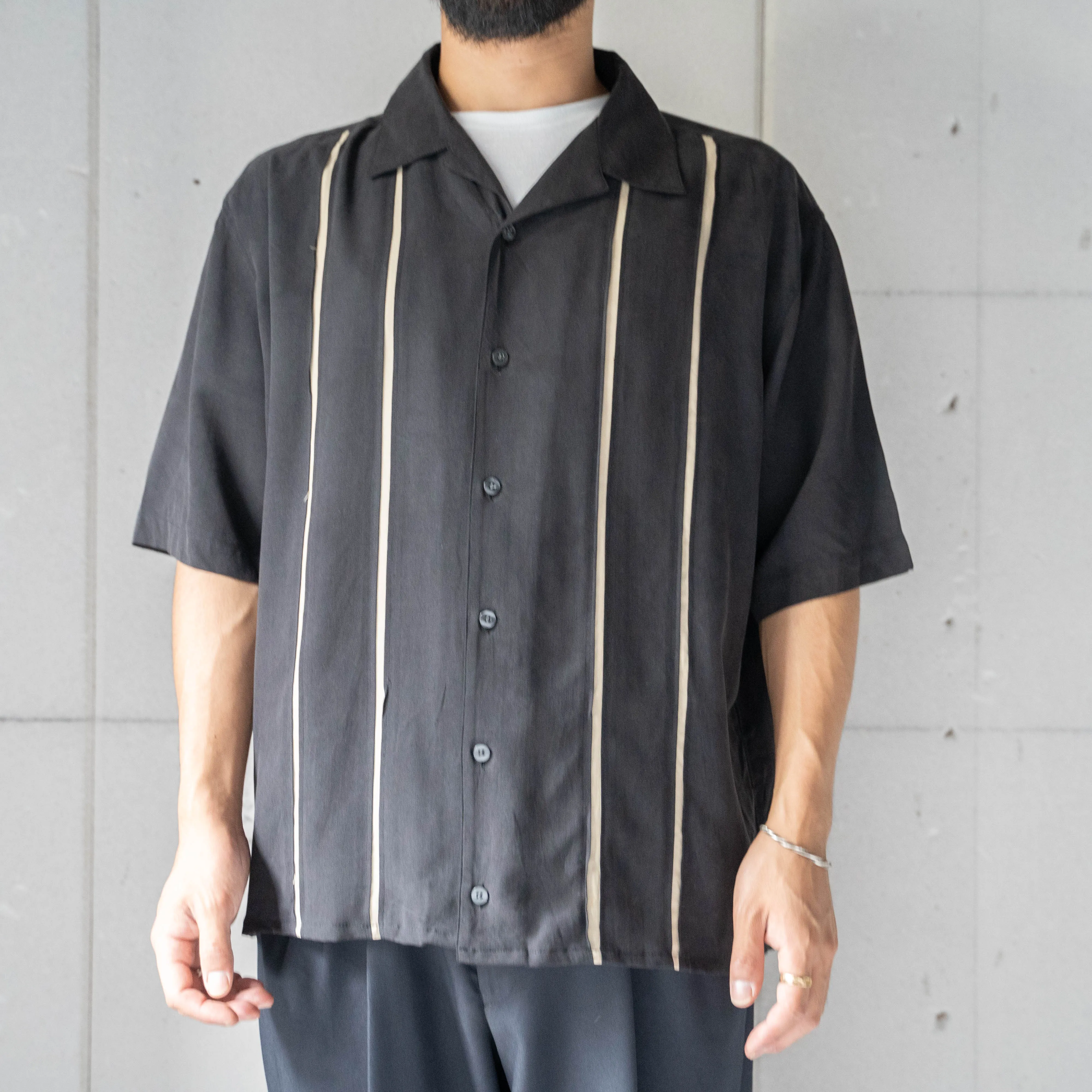 1990s black color silk open collar short sleeve design  shirt 'remake'