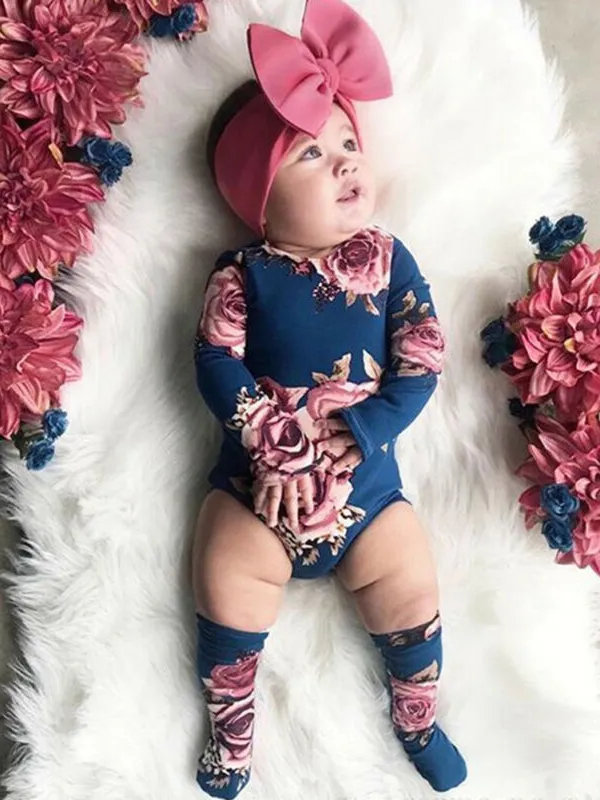 Baby Pink Rose Long Sleeved Onesie with Headband and Matching Socks Set