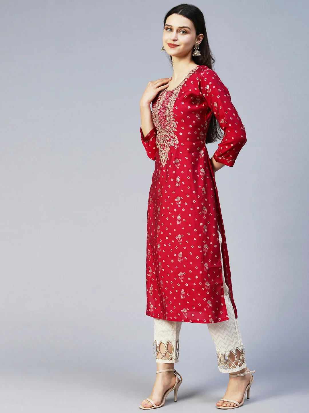 Bandhani Printed & Embroidered Straight Fit Kurta – Magenta