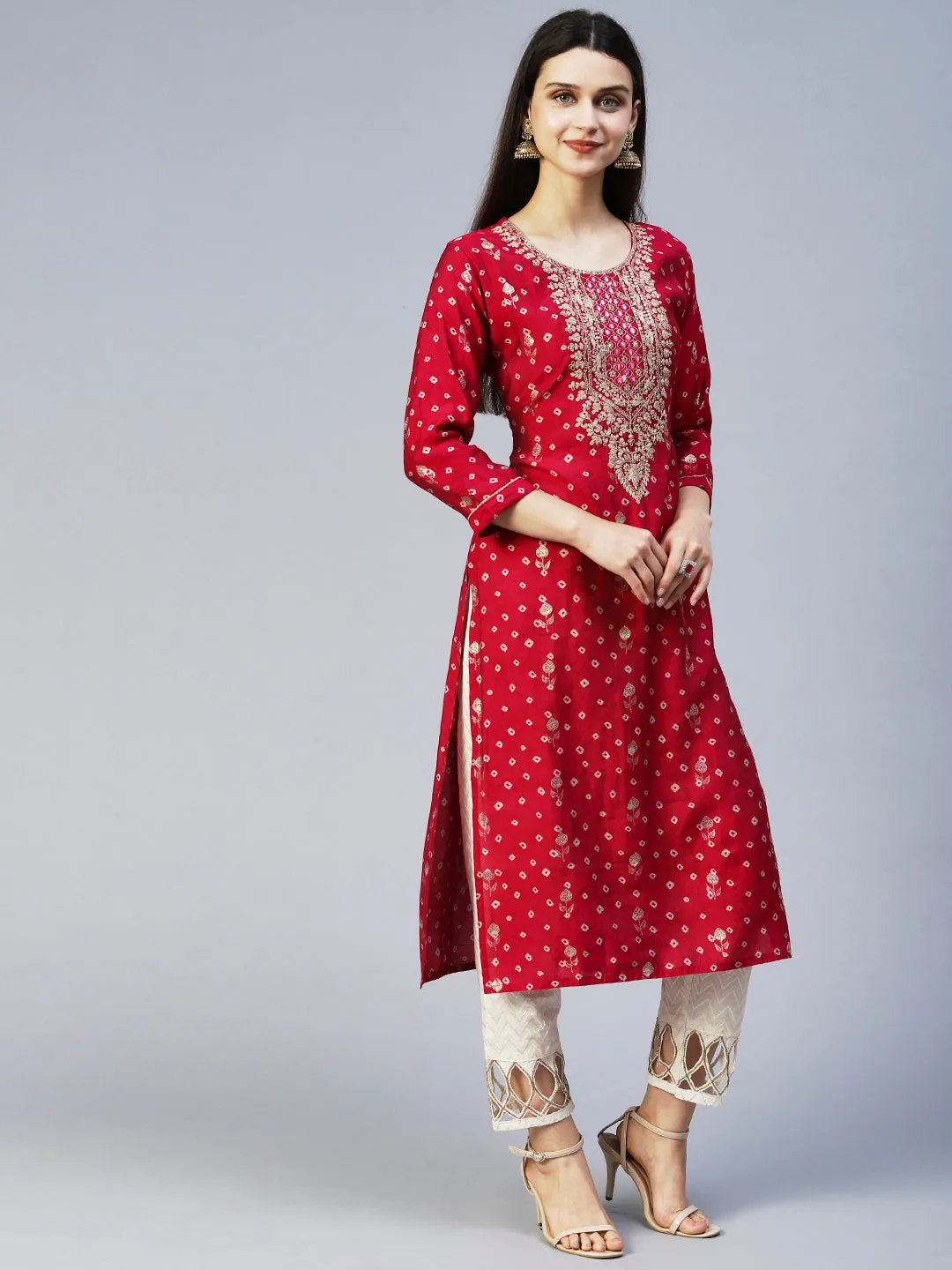 Bandhani Printed & Embroidered Straight Fit Kurta – Magenta