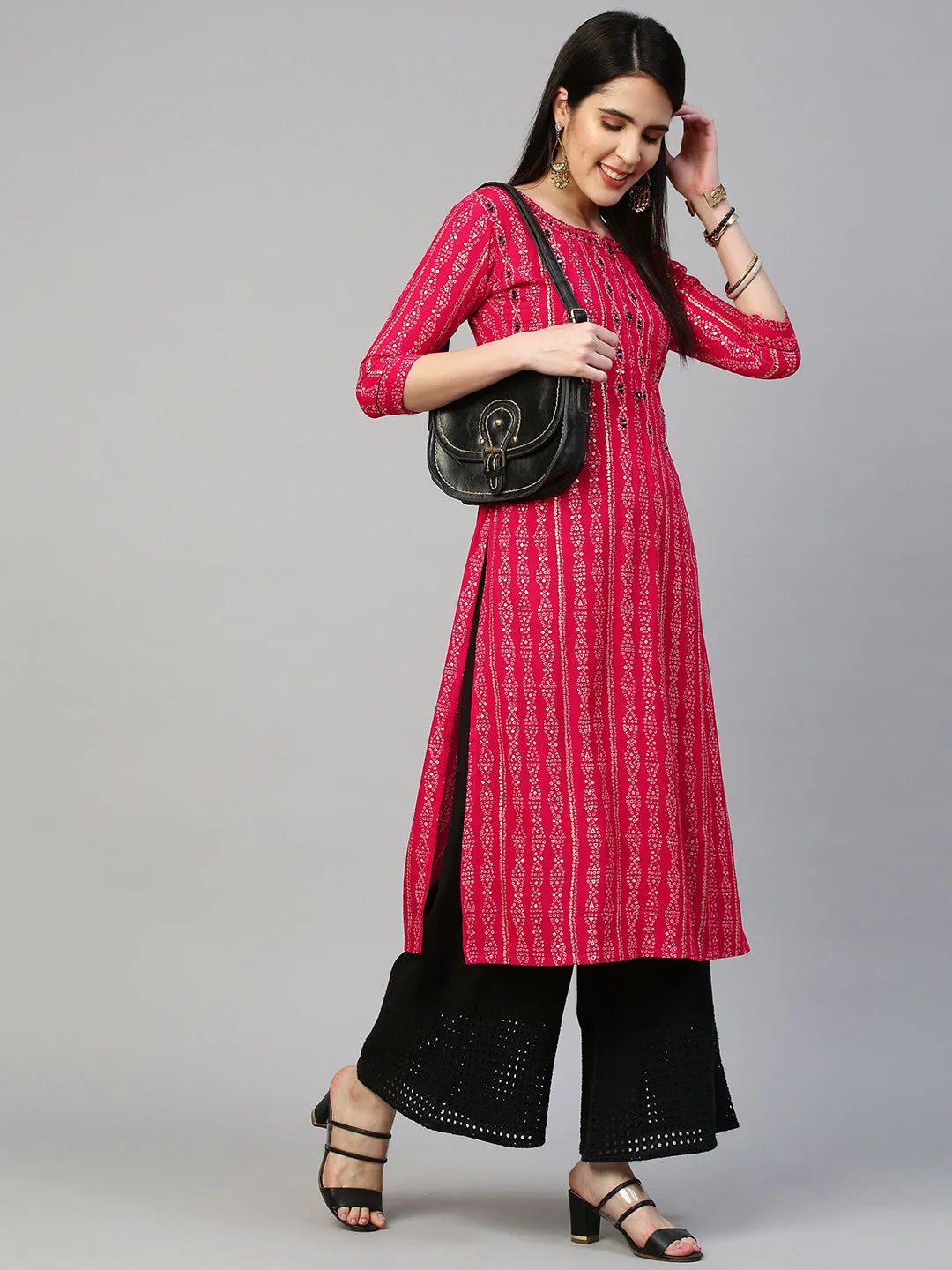 Bandhej Printed & Embroidered Kurta - Hot Pink