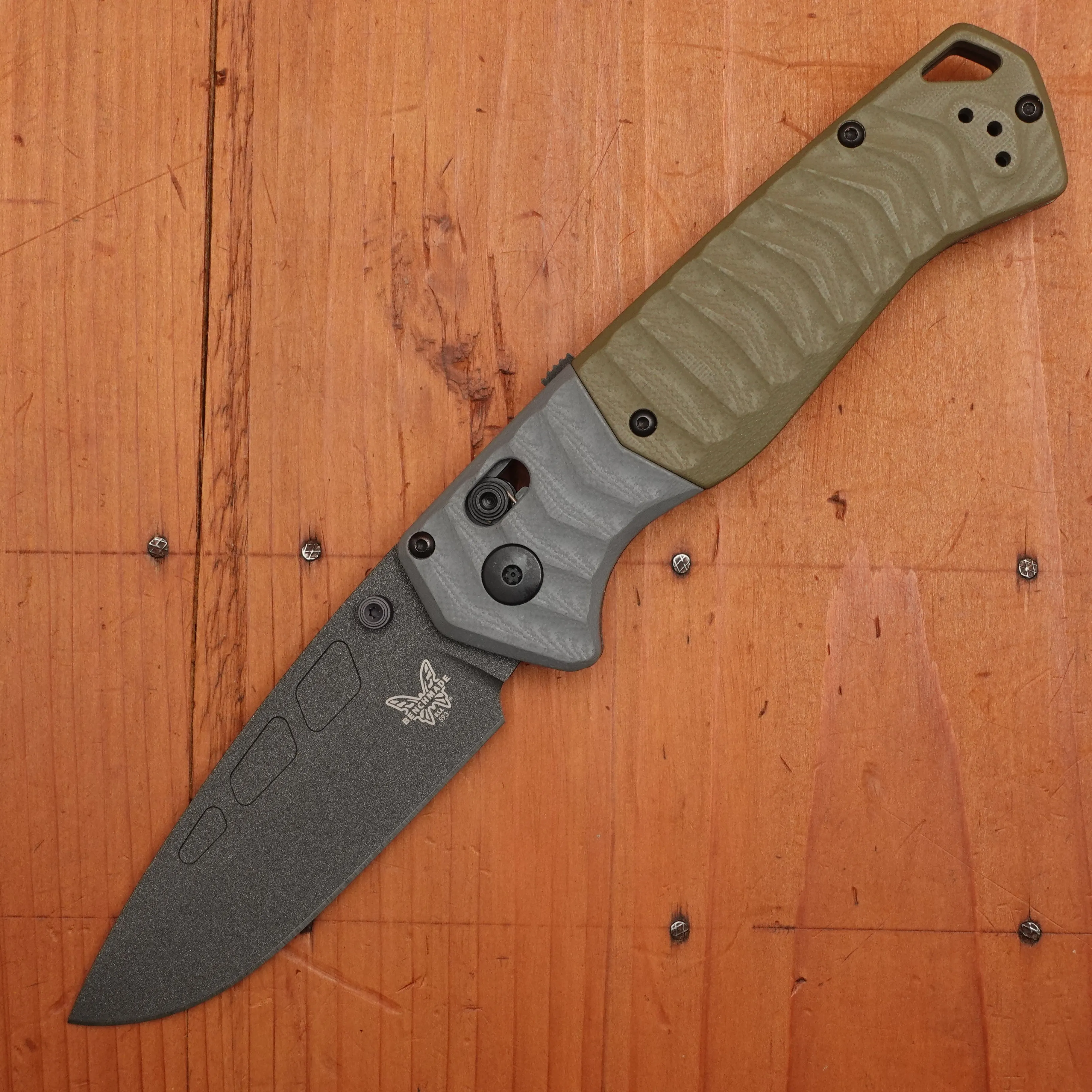 Benchmade 593BK PSK Drop Point MagnaCut AXIS Assist Gray & OD Green Handle