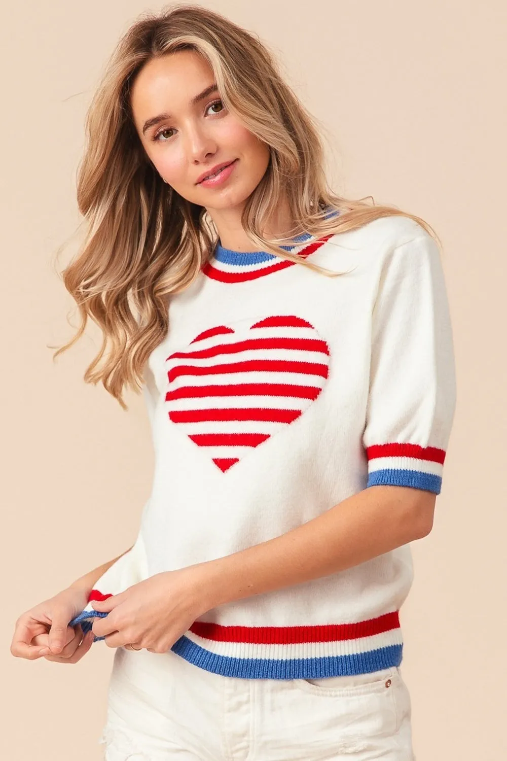 BiBi US Flag Theme Striped Heart Sweater