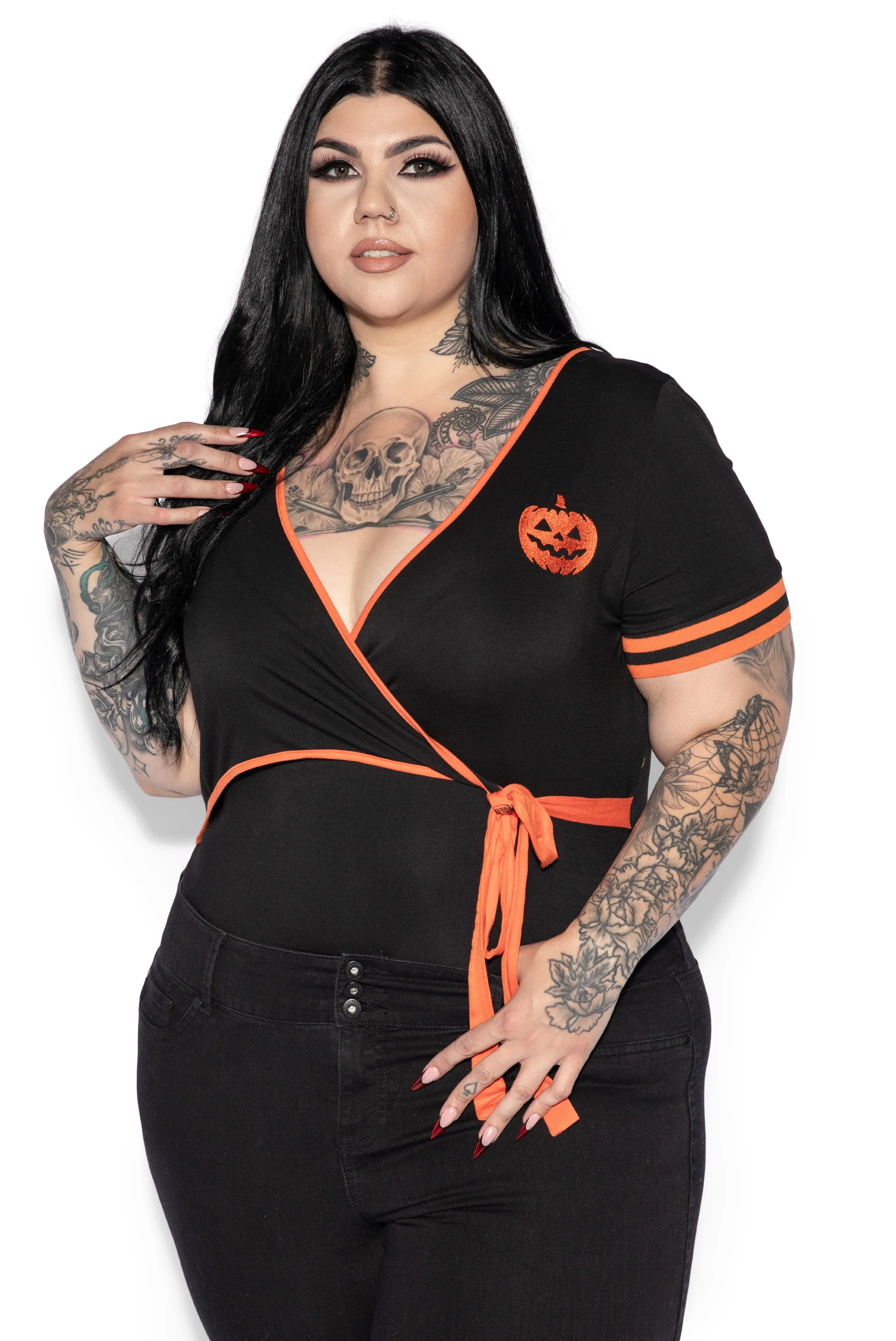 Black & Orange Pumpkin Surplice Bodysuit