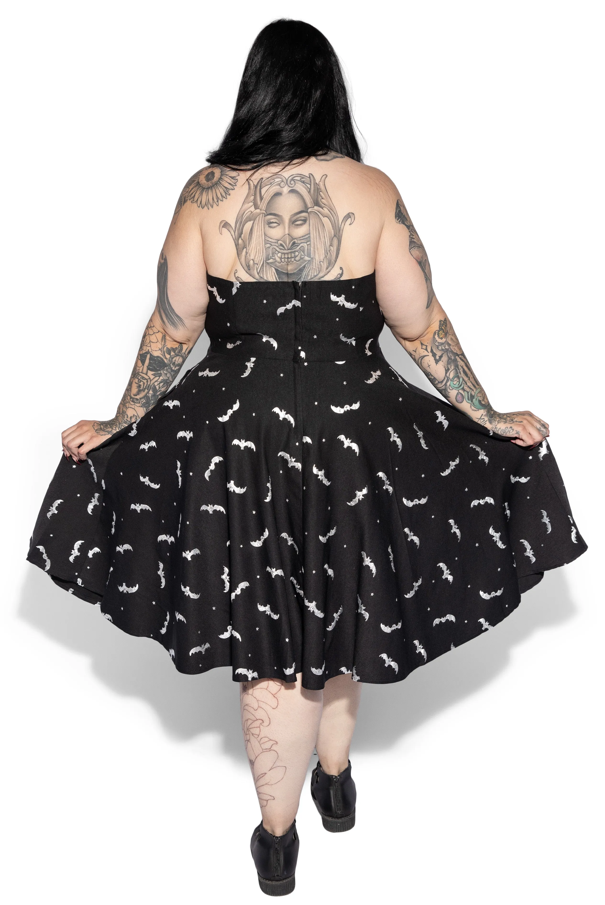 Black & Silver Bats Criss Cross Halter Flare Dress