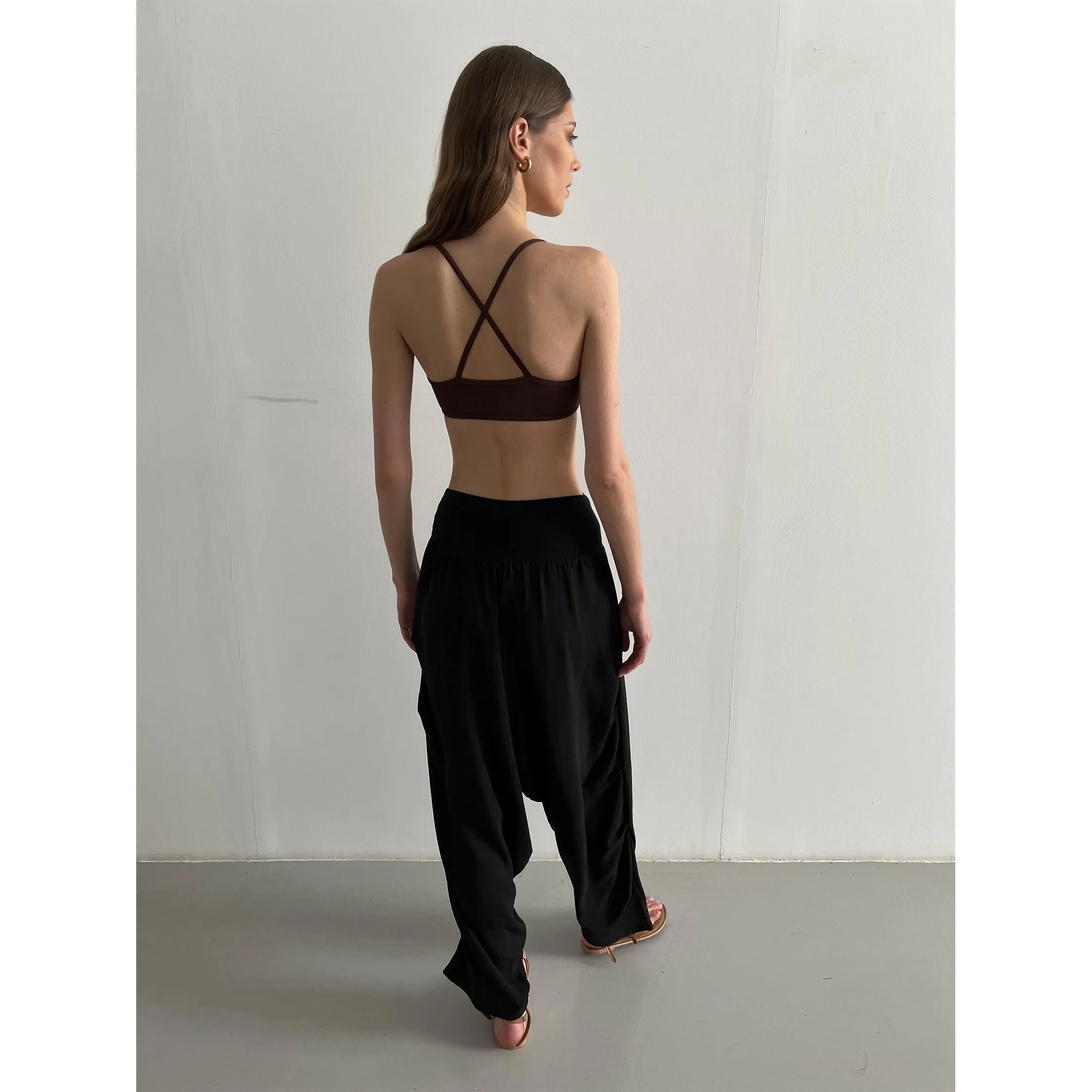 Black Crepe Sculpting Waistband, Side Draped Pant