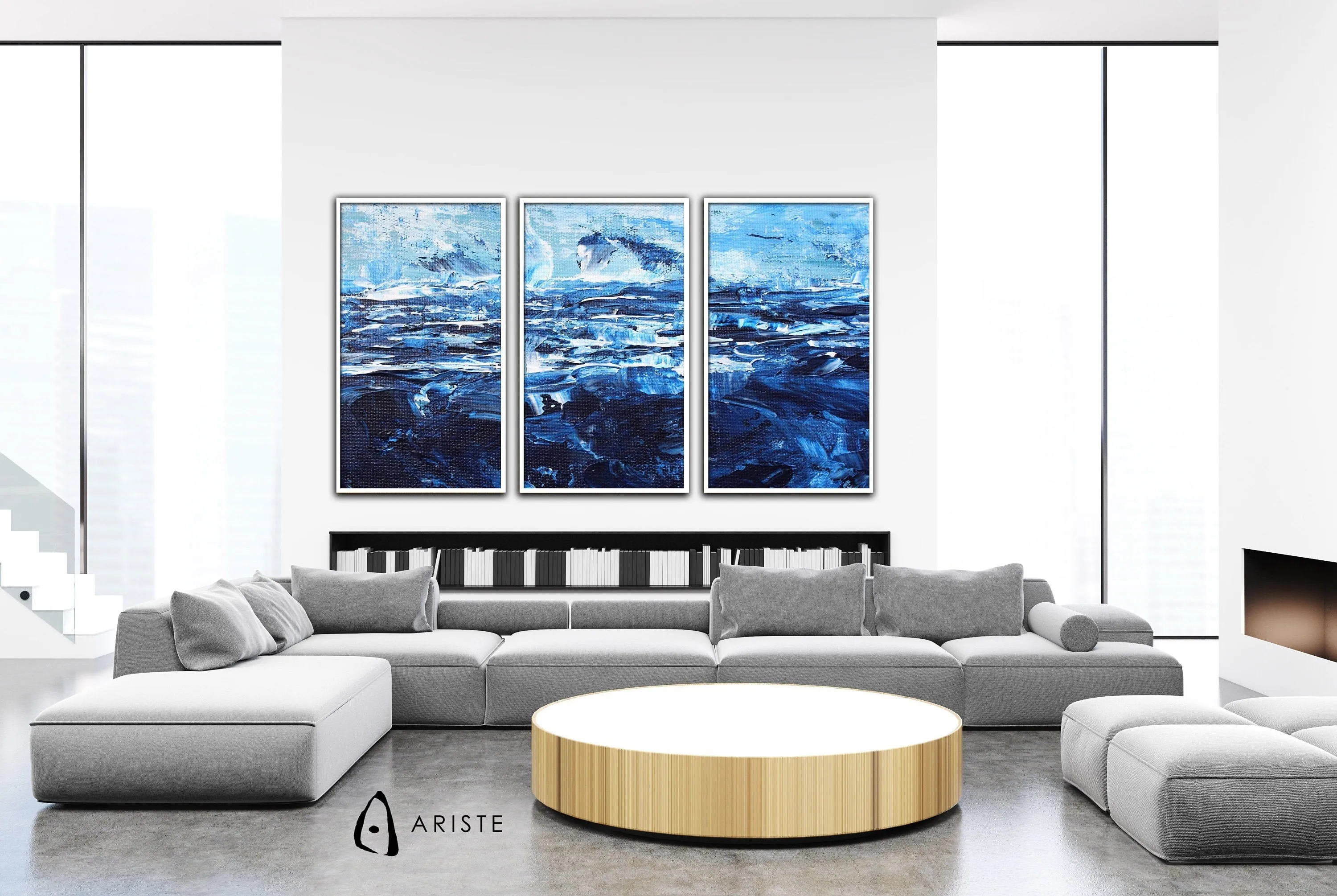 Blue & white extra large 3 piece wall art made to order in a custom size