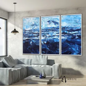 Blue & white extra large 3 piece wall art made to order in a custom size