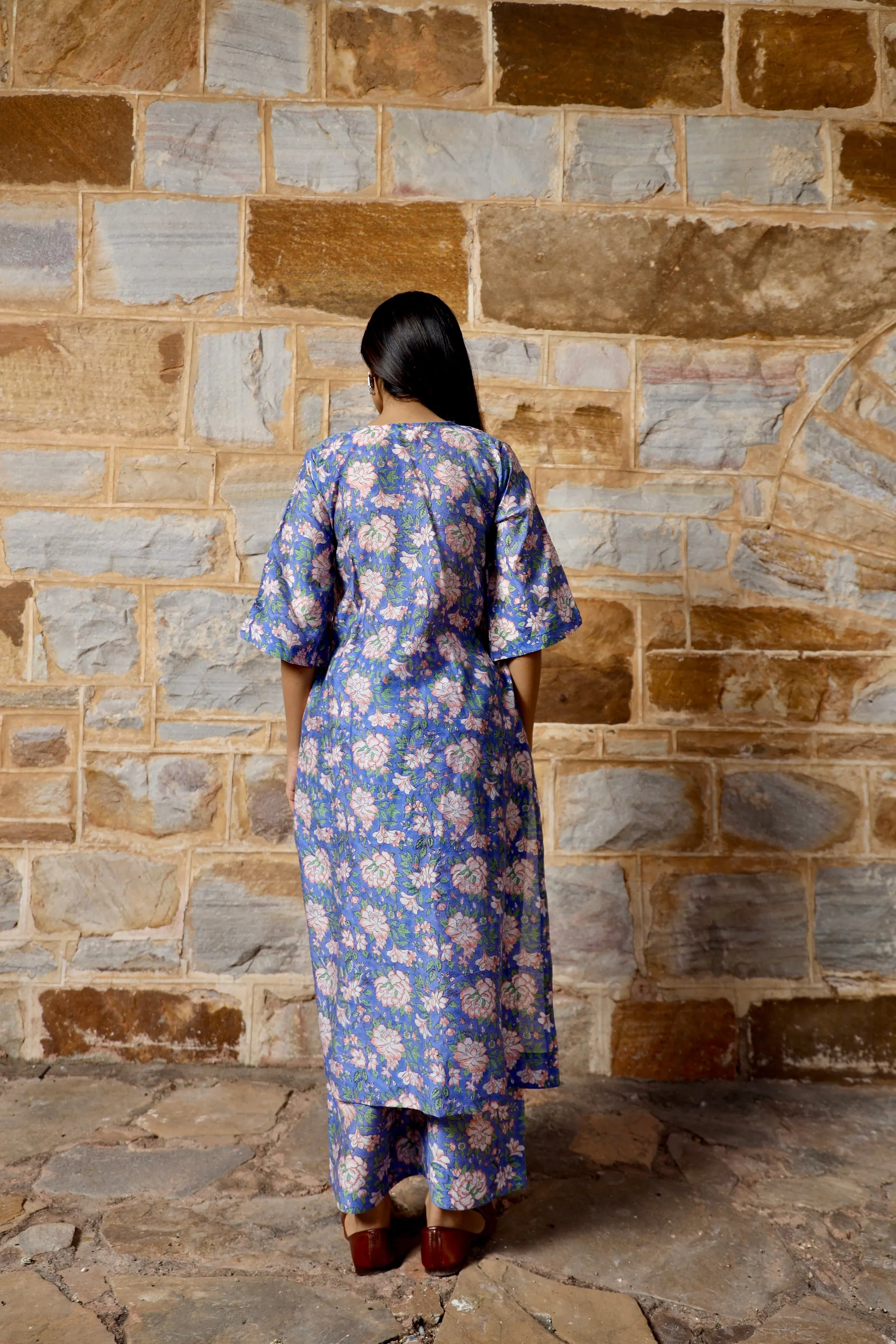 Blue flower print handblock chanderi pintucks kurta pant set