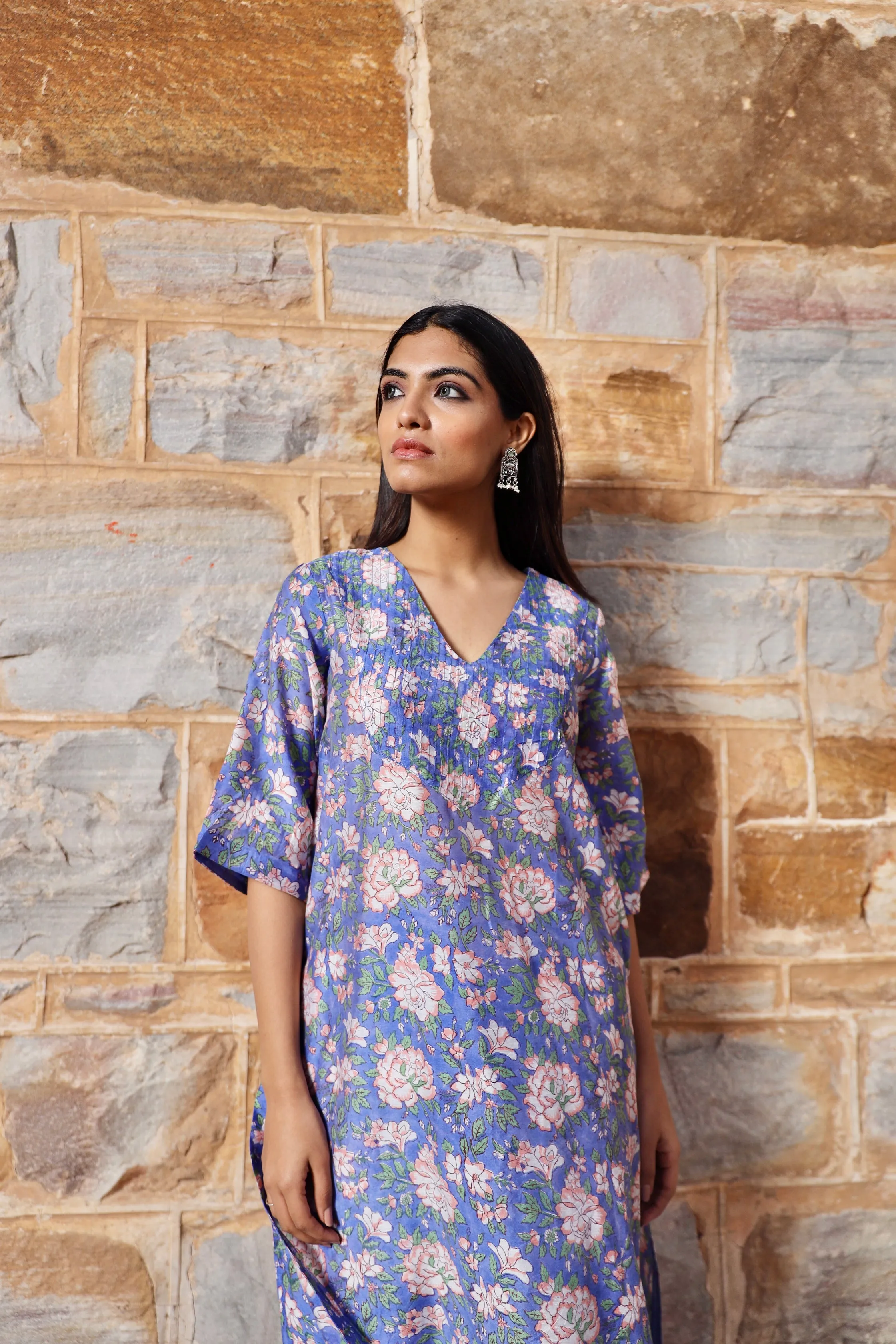 Blue flower print handblock chanderi pintucks kurta pant set