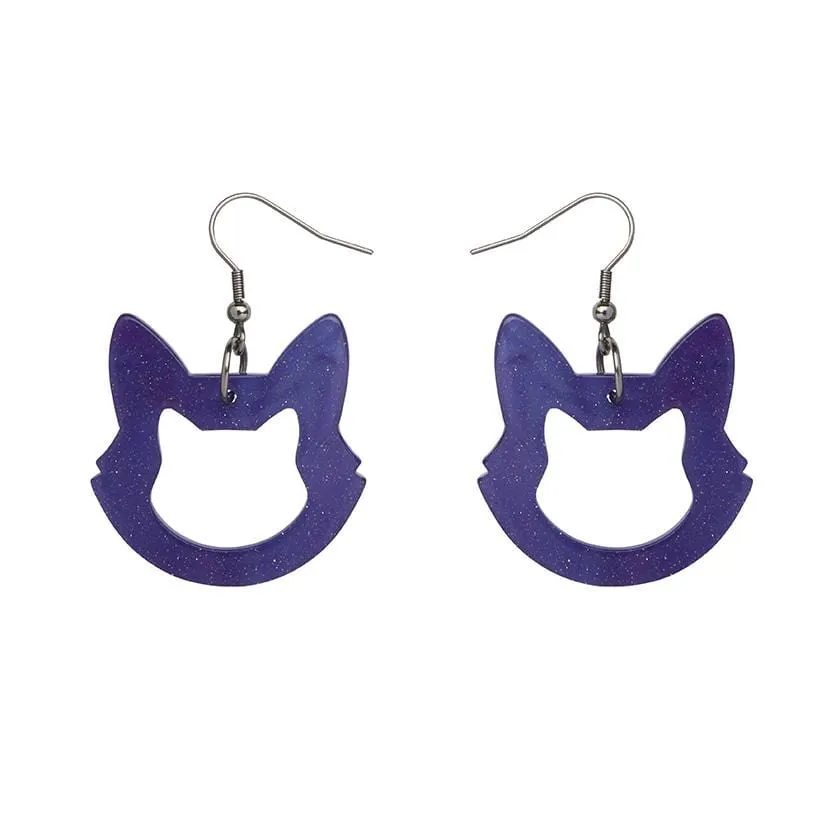 Cat Head Ripple Glitter Resin Drop Earrings - Purple