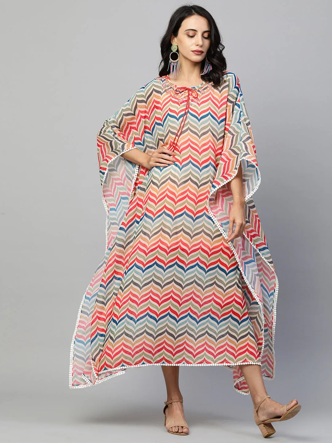 Colorful Chevron Printed & Embroidered Kaftan - Multi