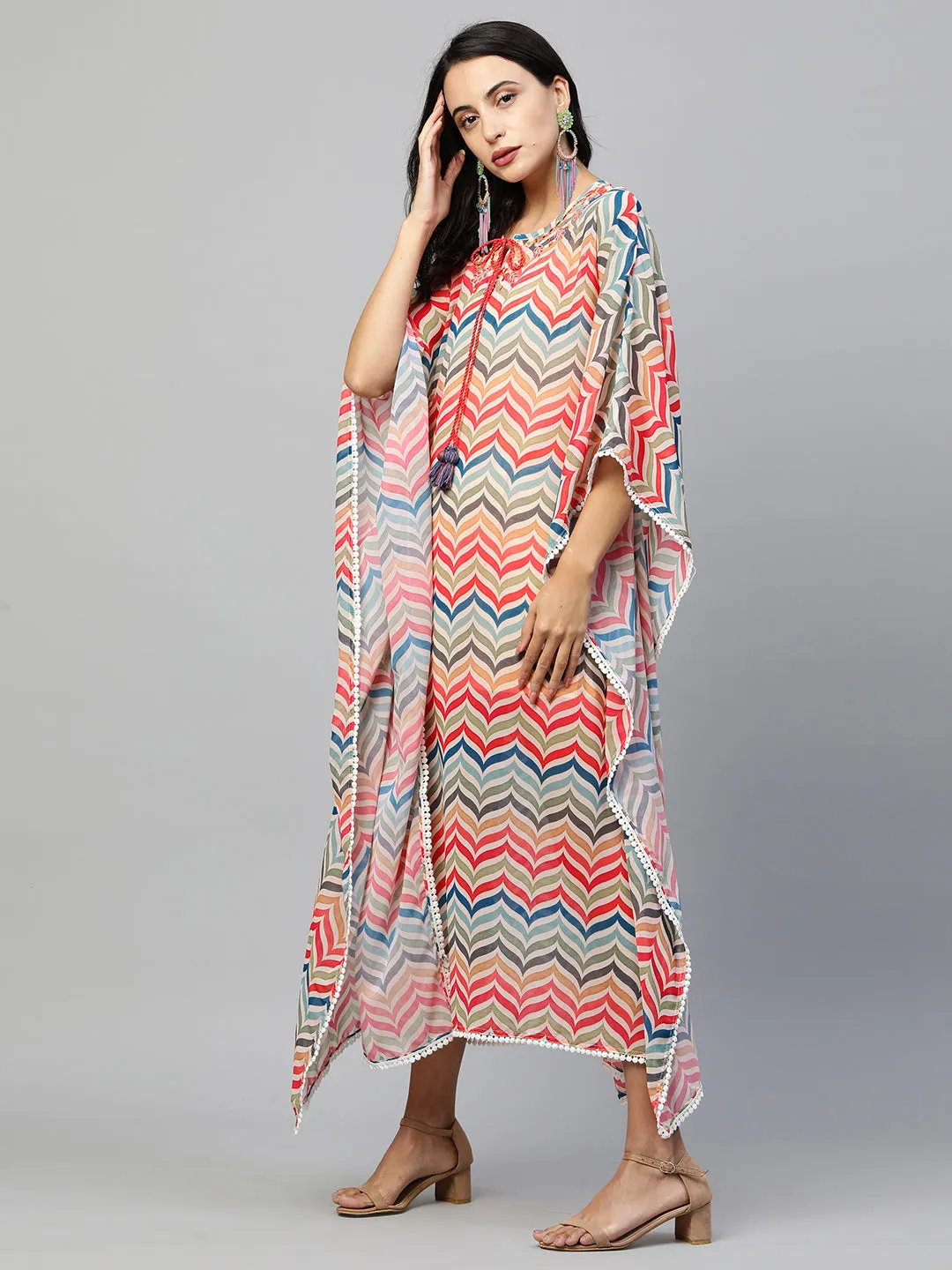 Colorful Chevron Printed & Embroidered Kaftan - Multi