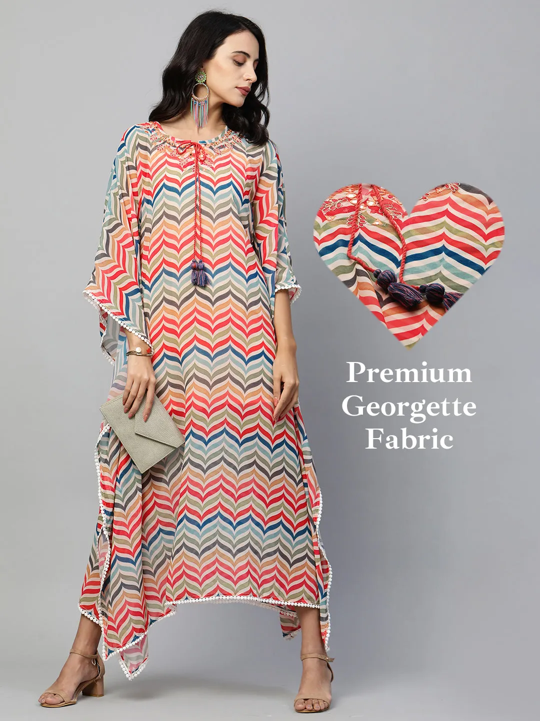 Colorful Chevron Printed & Embroidered Kaftan - Multi