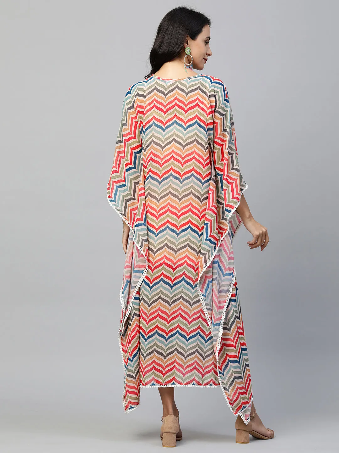 Colorful Chevron Printed & Embroidered Kaftan - Multi