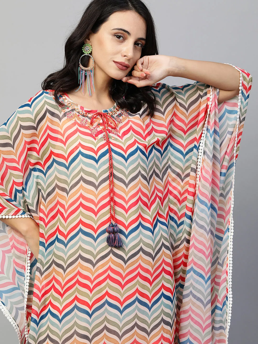 Colorful Chevron Printed & Embroidered Kaftan - Multi