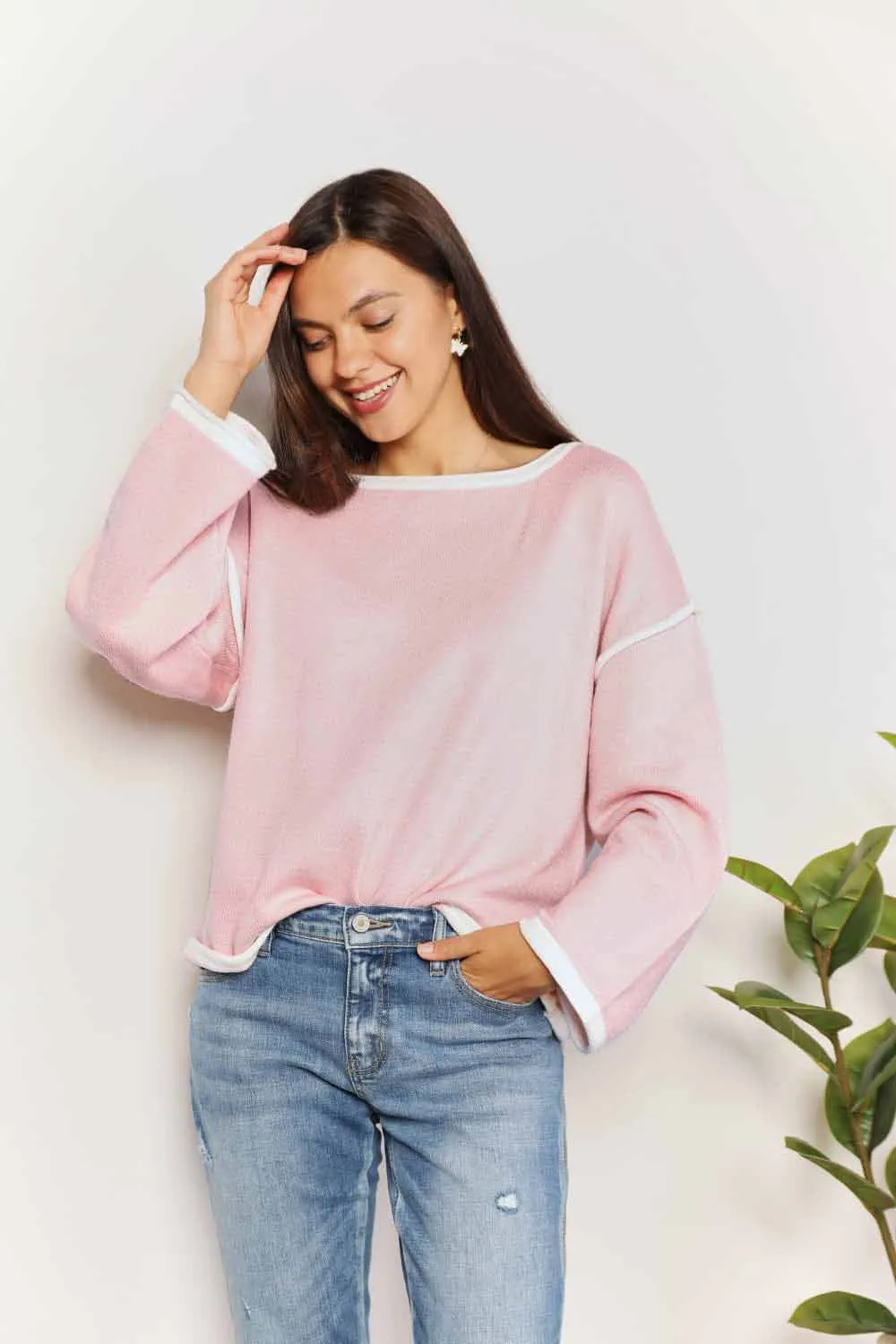 Contrast Detail Dropped Shoulder Knit Top in Blush Pink