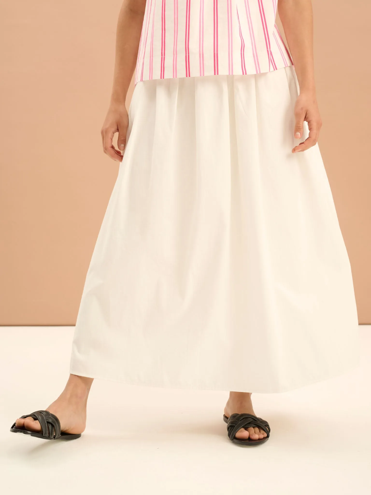 Darcie Drop Waist Full Midi Skirt in White