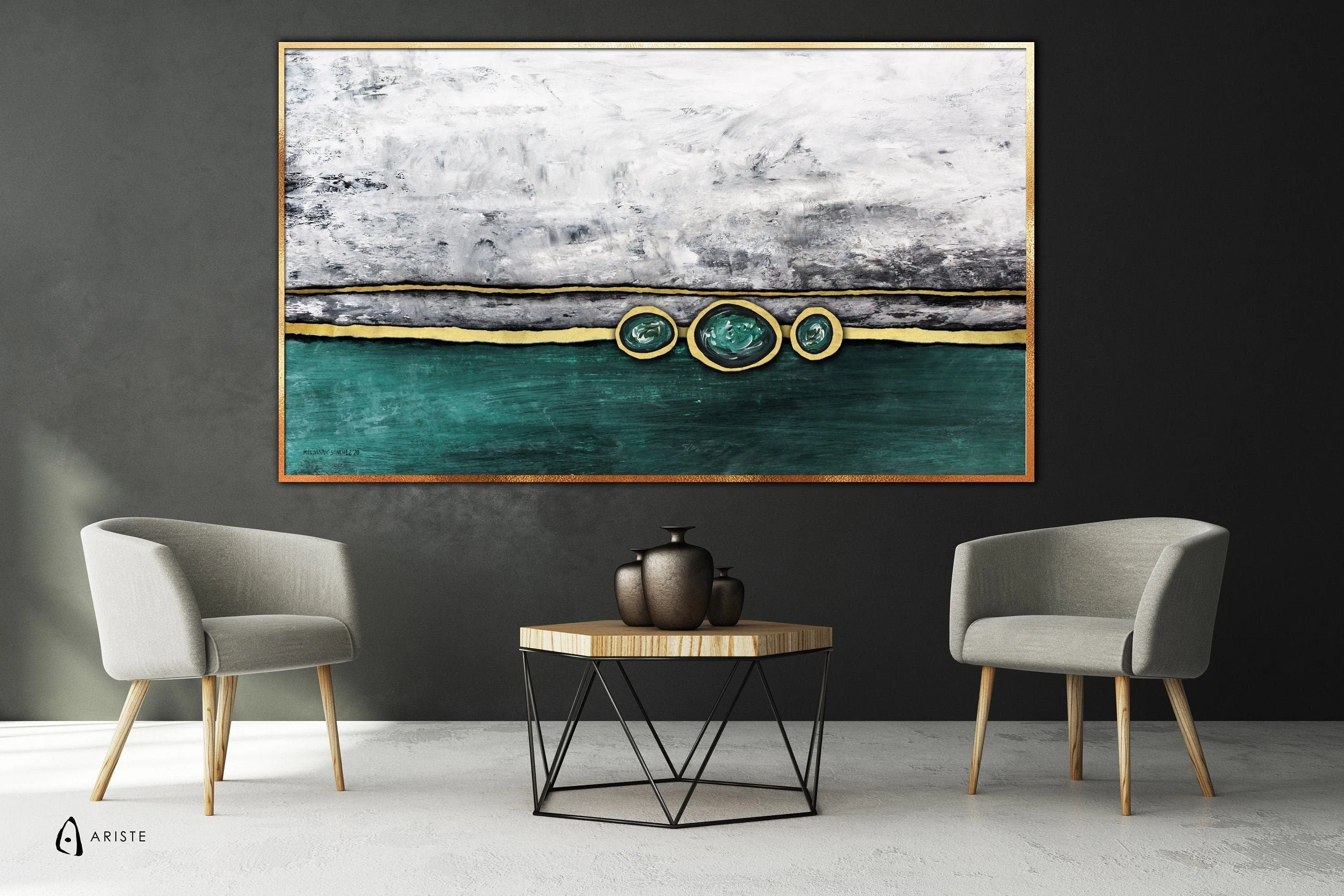 Emerald green & gold abstract oversized wall art made to order in a custom size