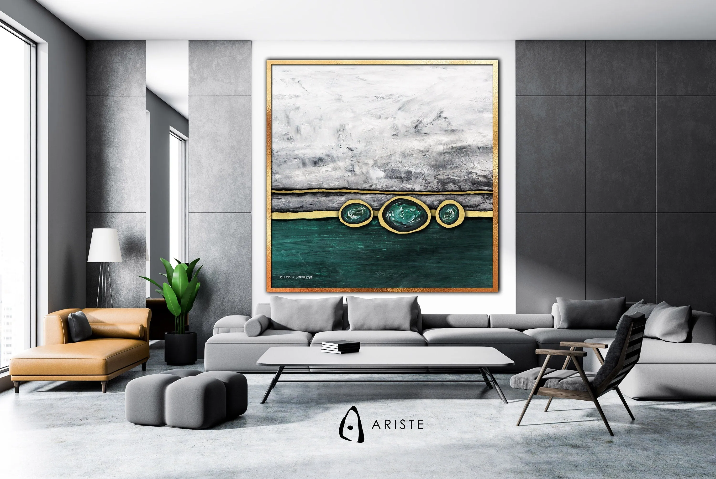 Emerald green & gold abstract oversized wall art made to order in a custom size