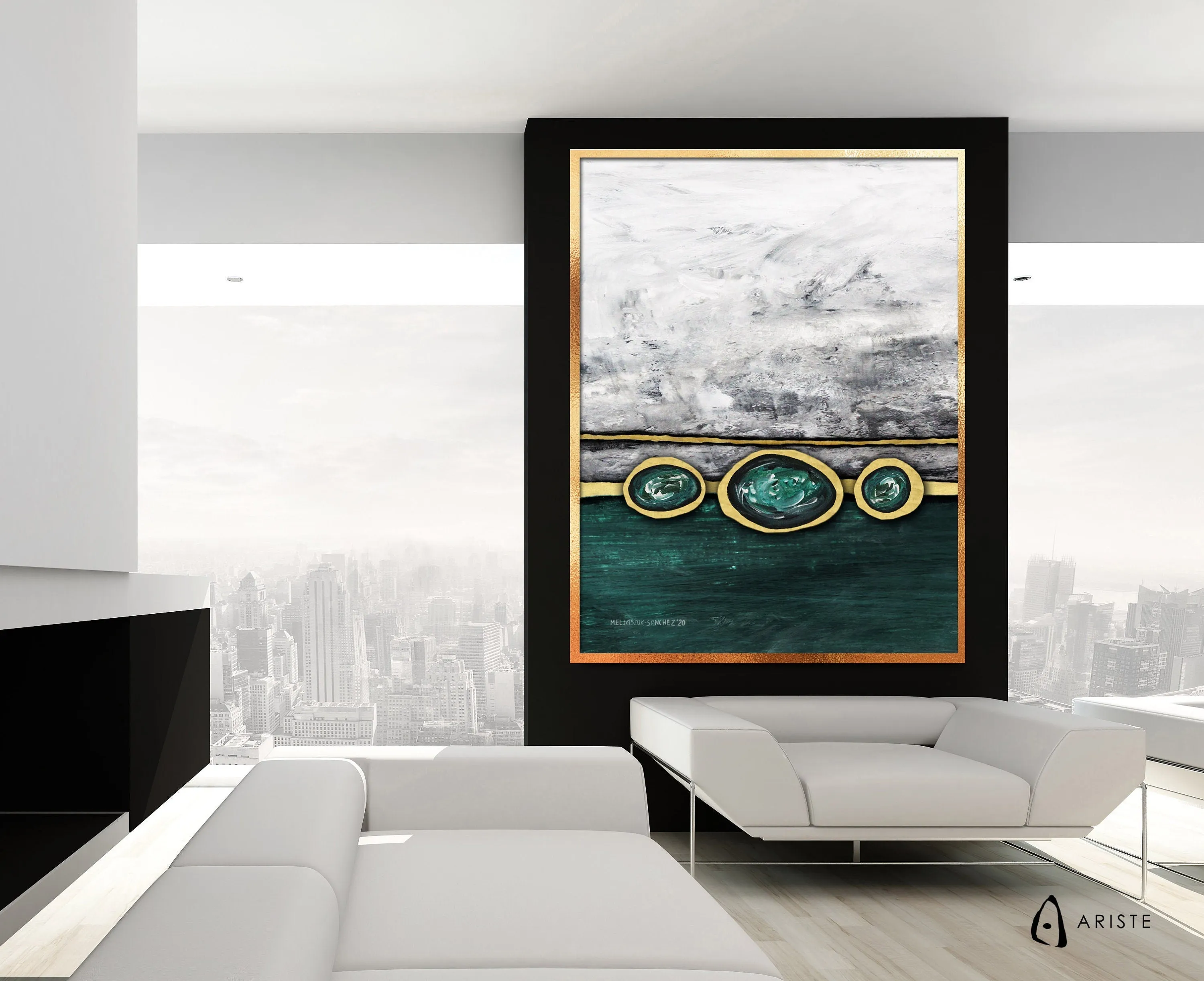 Emerald green & gold abstract oversized wall art made to order in a custom size