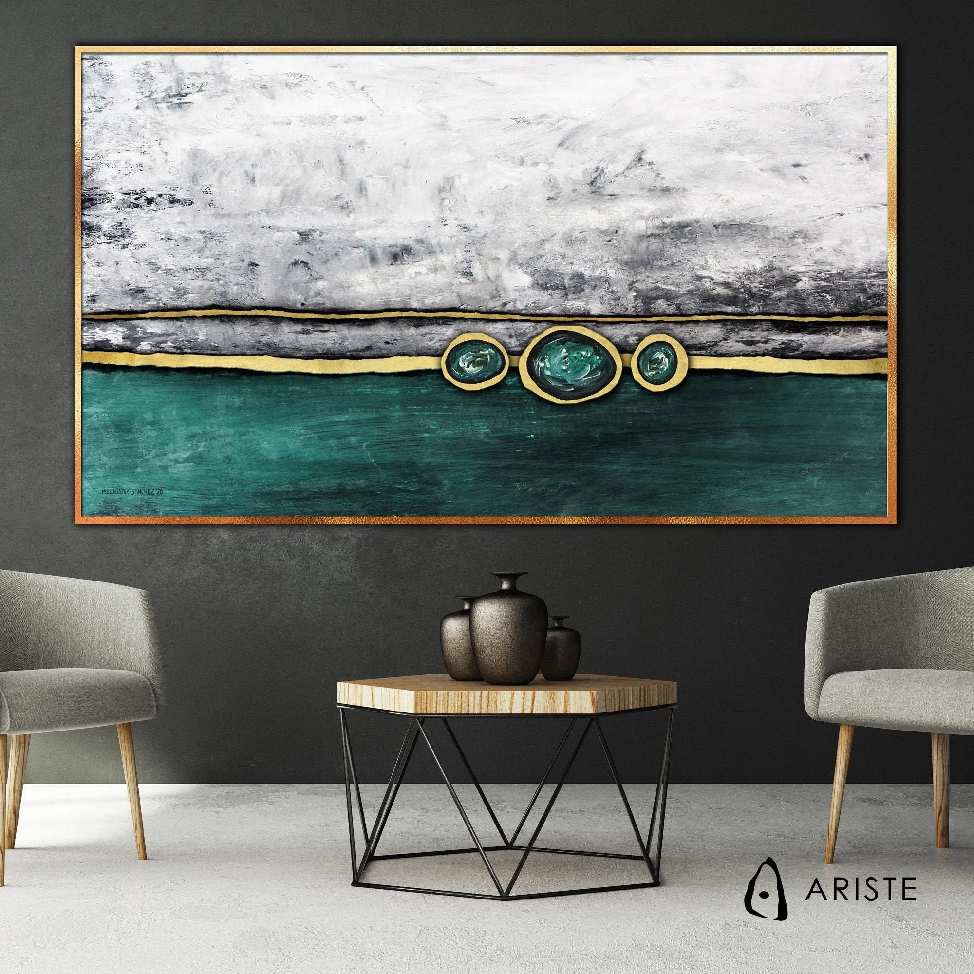 Emerald green & gold abstract oversized wall art made to order in a custom size