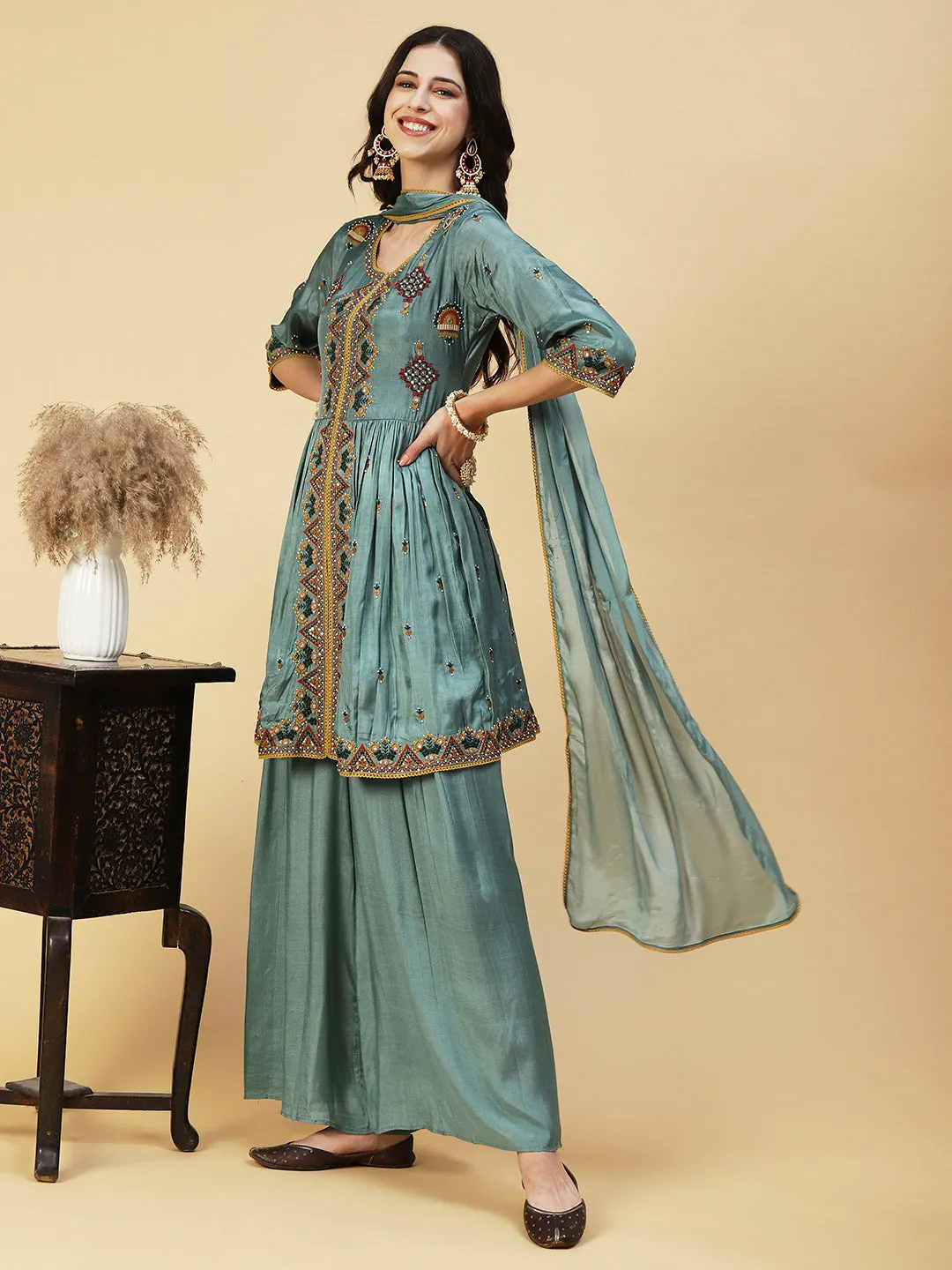 Ethnic Embroidered A-line Kurta with Palazzo & Dupatta - Green