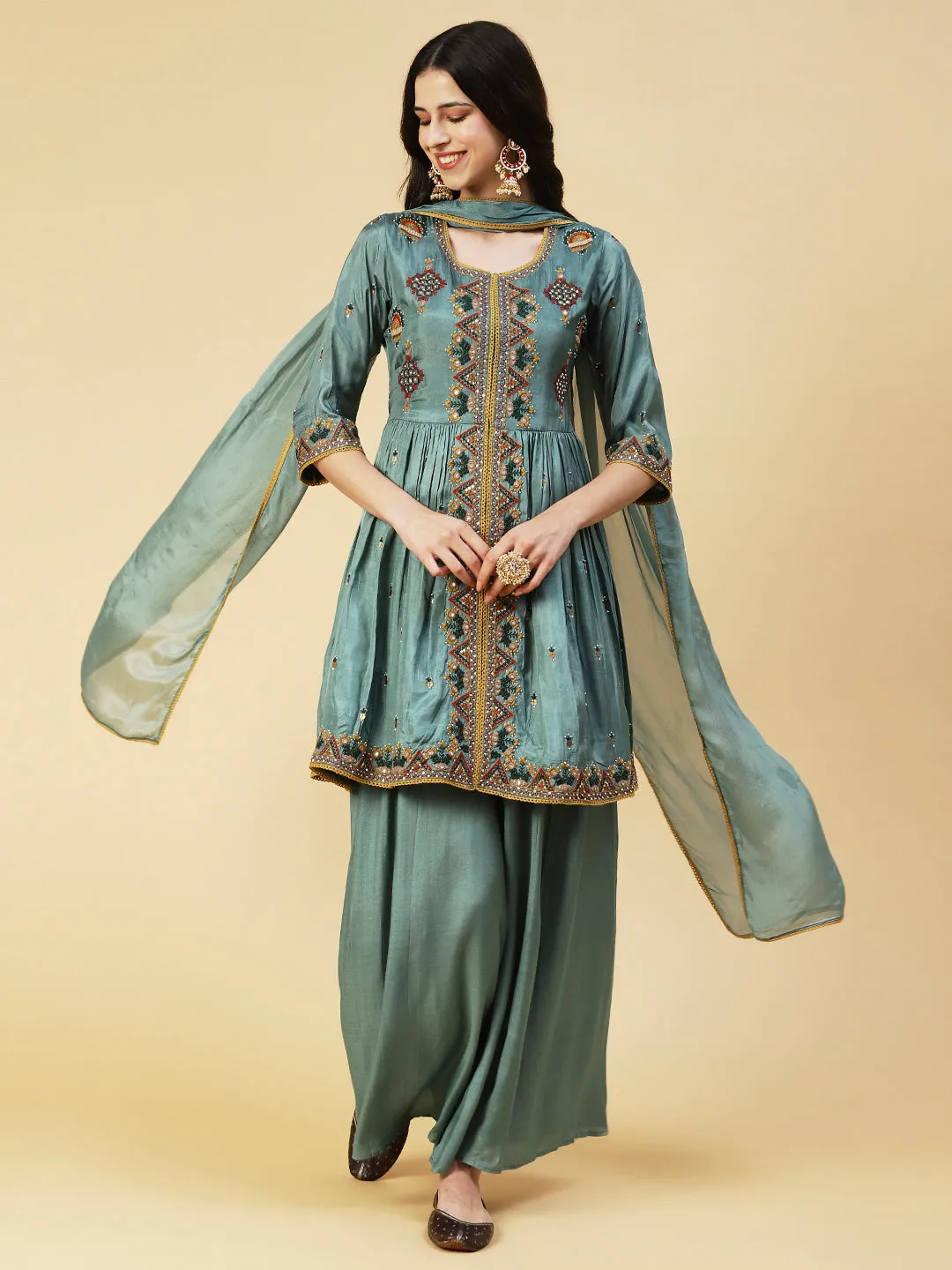 Ethnic Embroidered A-line Kurta with Palazzo & Dupatta - Green