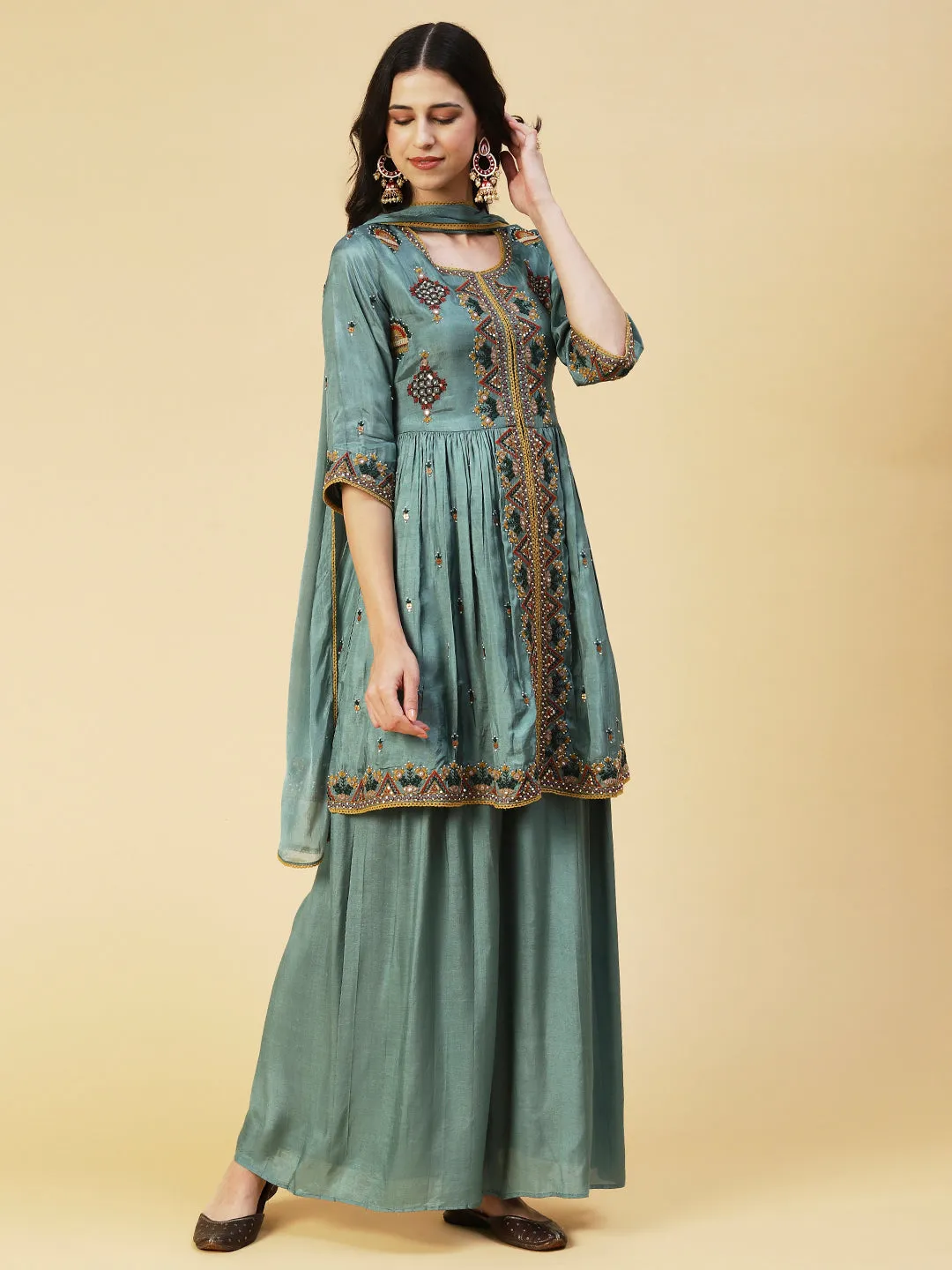 Ethnic Embroidered A-line Kurta with Palazzo & Dupatta - Green