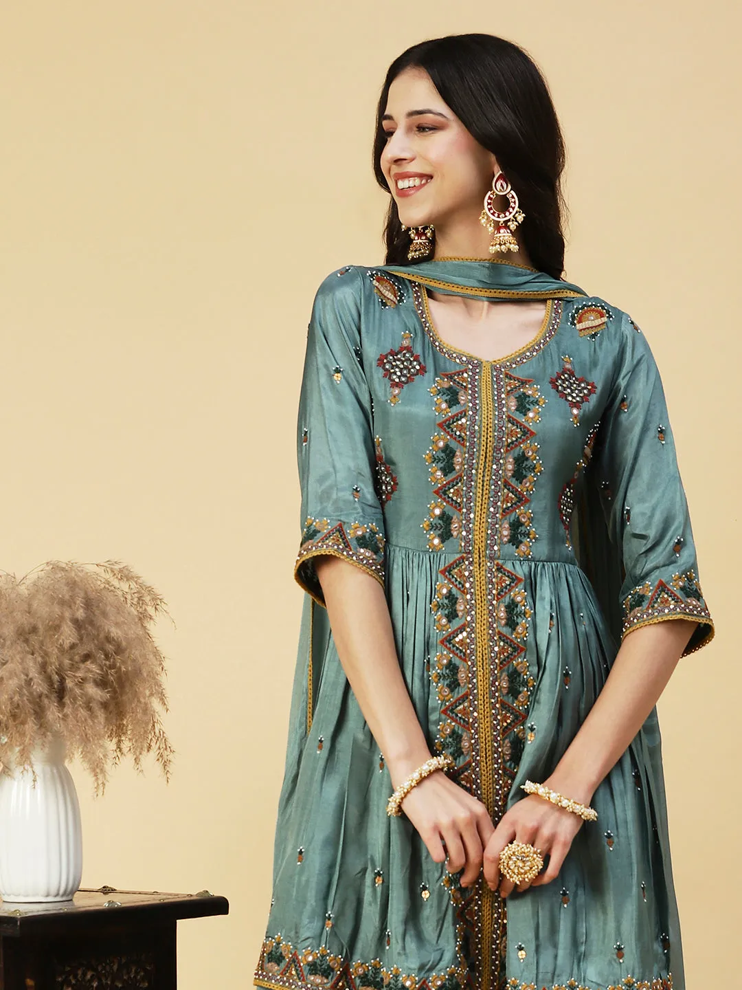 Ethnic Embroidered A-line Kurta with Palazzo & Dupatta - Green