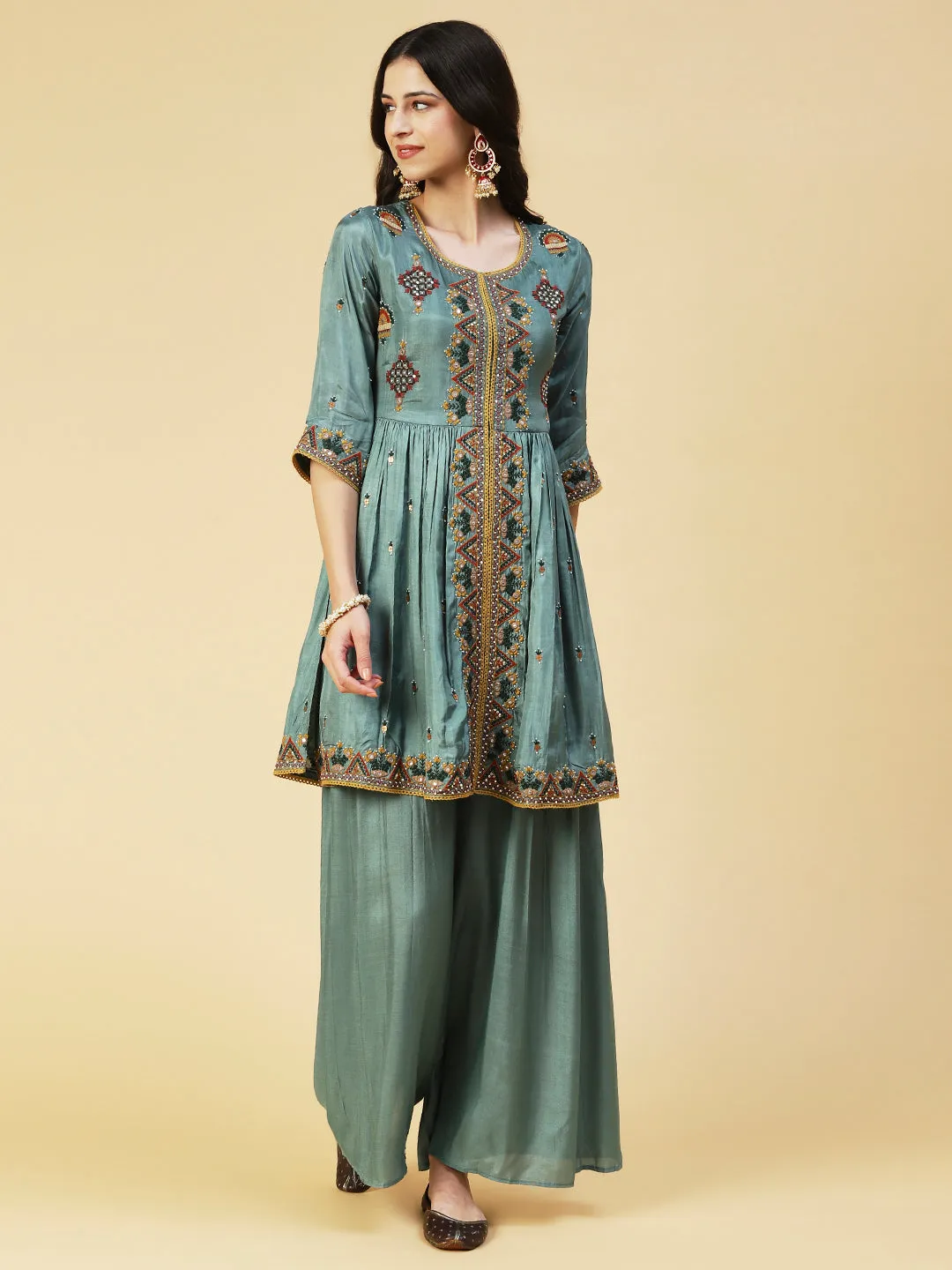 Ethnic Embroidered A-line Kurta with Palazzo & Dupatta - Green