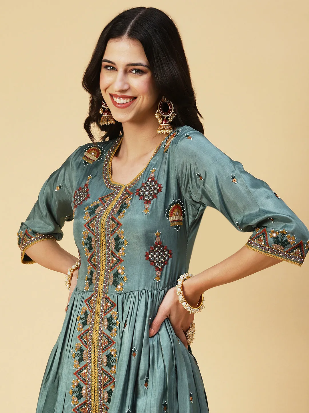 Ethnic Embroidered A-line Kurta with Palazzo & Dupatta - Green