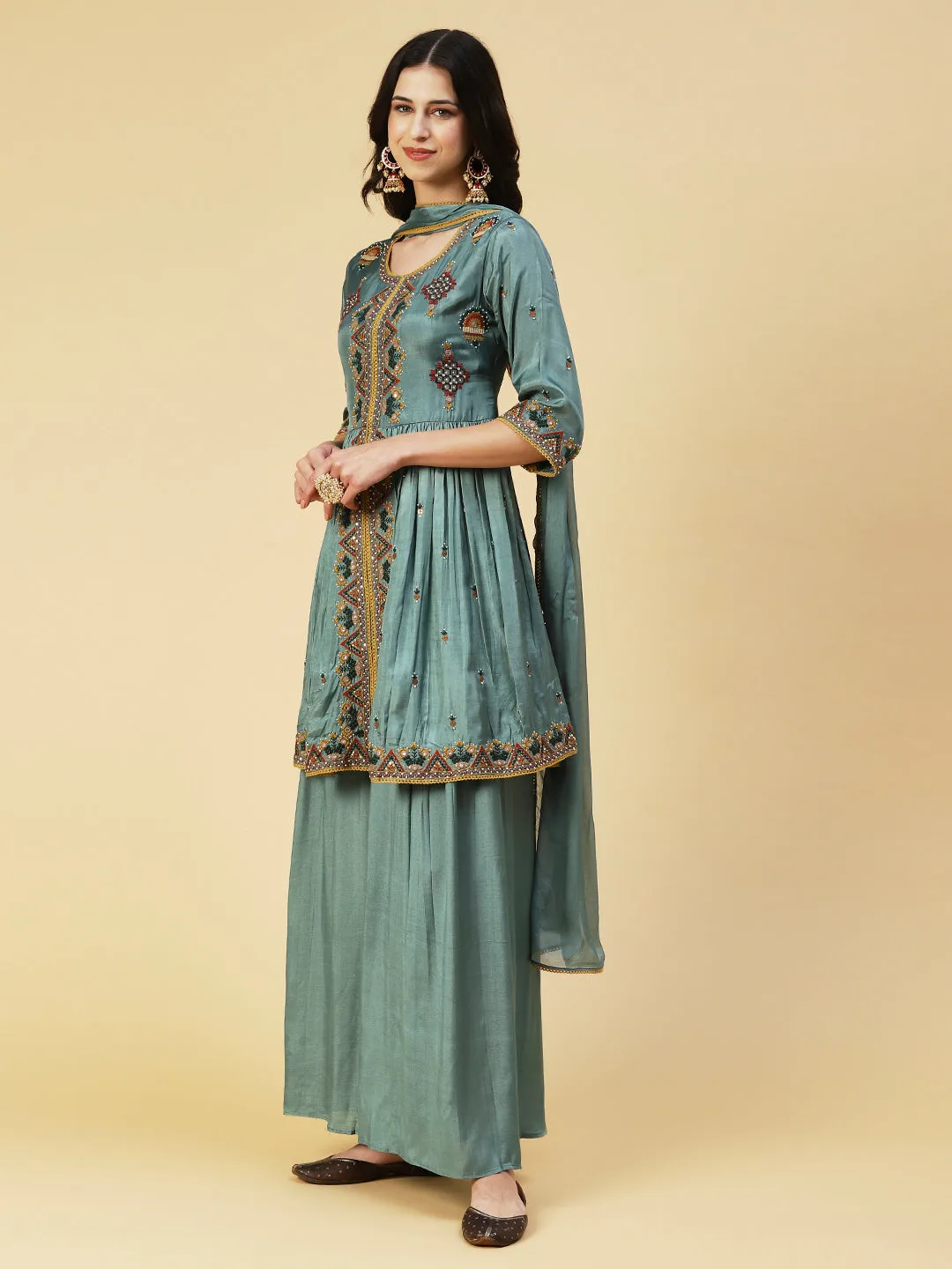 Ethnic Embroidered A-line Kurta with Palazzo & Dupatta - Green