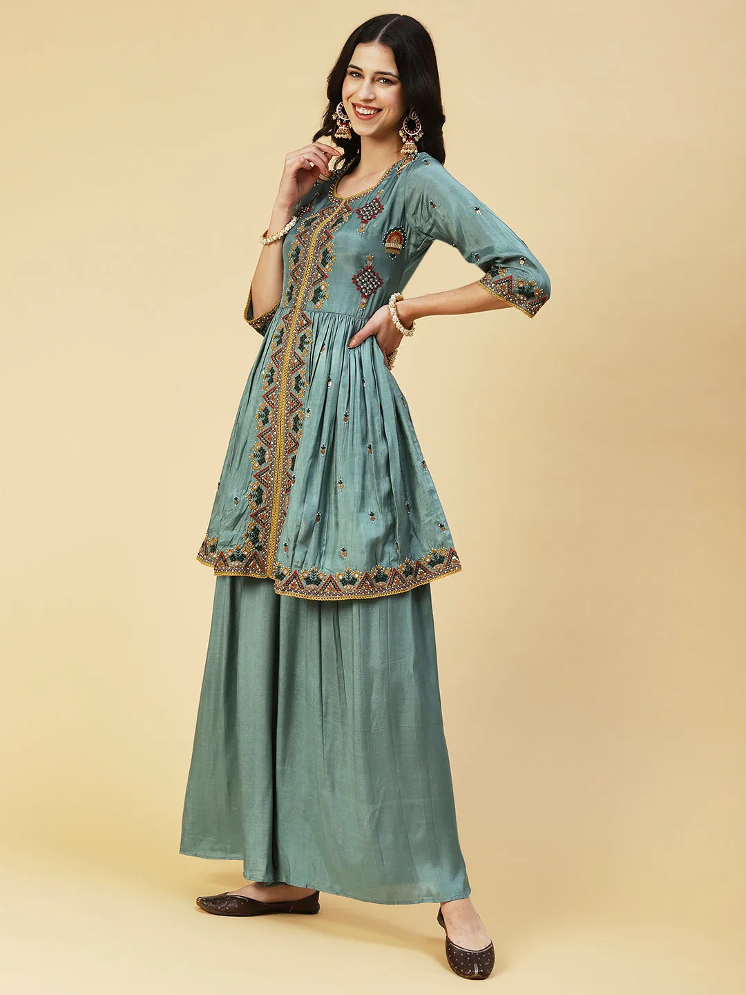 Ethnic Embroidered A-line Kurta with Palazzo & Dupatta - Green