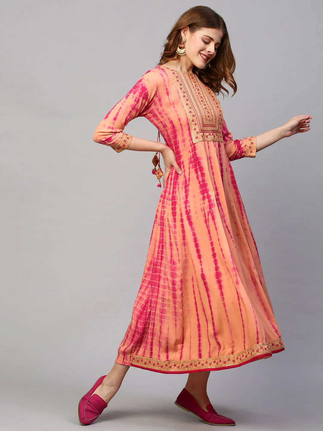 Ethnic Embroidered & Tie - Dyed  Maxi Dress - Peach