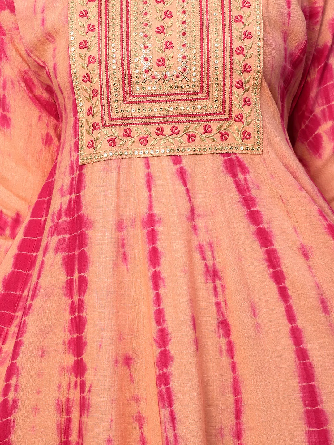 Ethnic Embroidered & Tie - Dyed  Maxi Dress - Peach