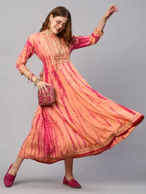 Ethnic Embroidered & Tie - Dyed  Maxi Dress - Peach