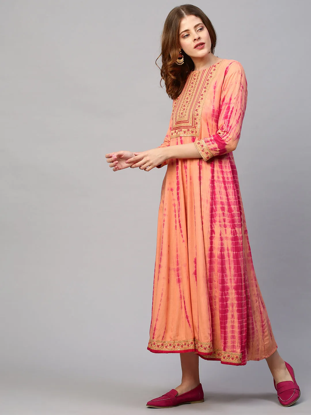 Ethnic Embroidered & Tie - Dyed  Maxi Dress - Peach