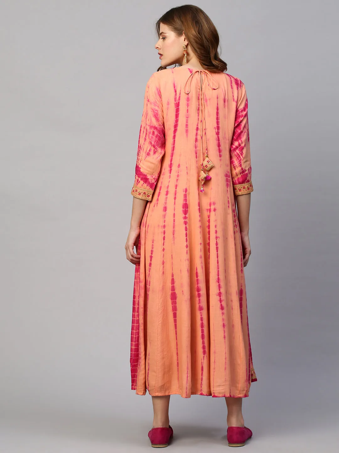 Ethnic Embroidered & Tie - Dyed  Maxi Dress - Peach