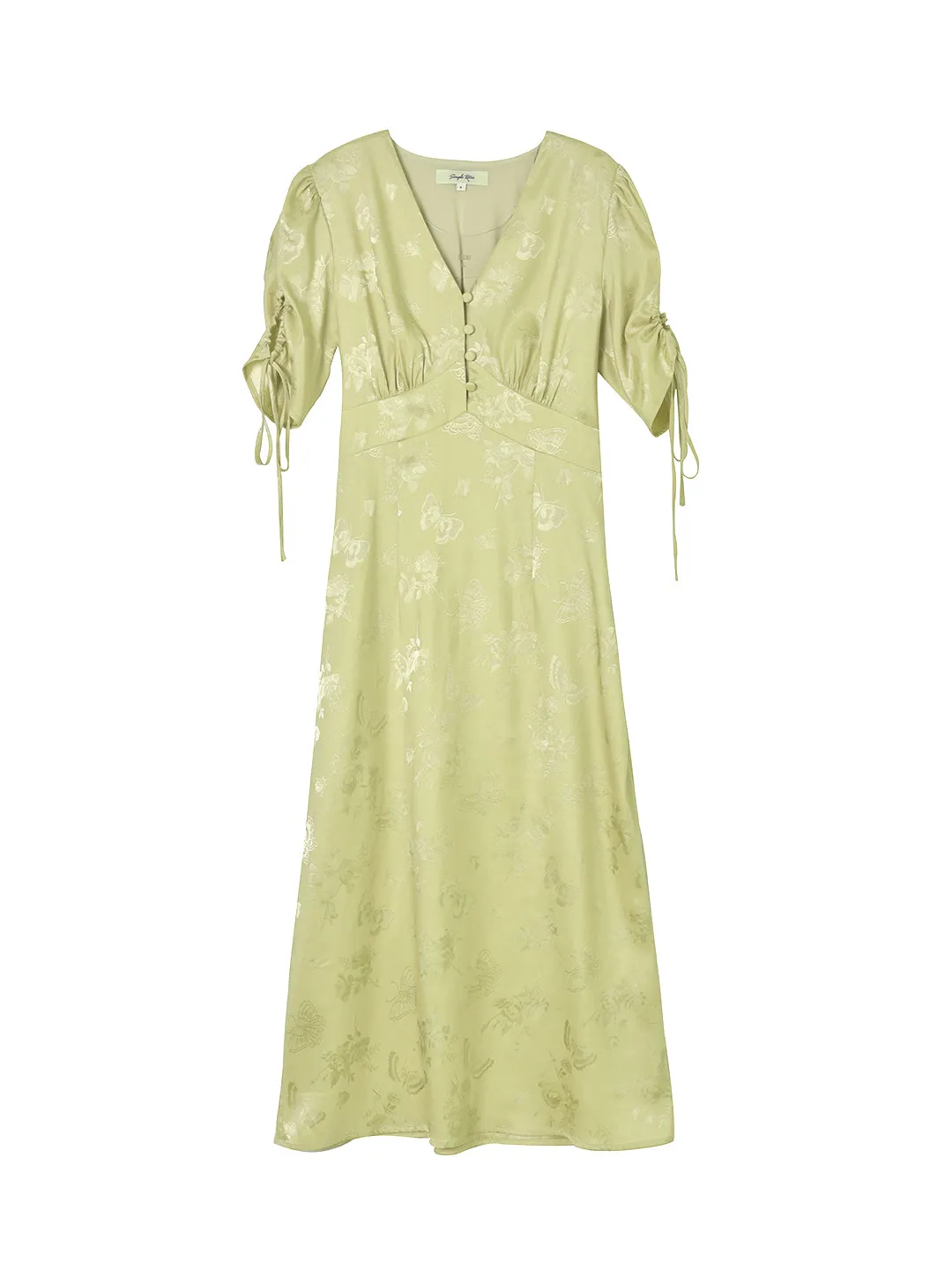 【Final Sale】Kora Retro Floral Jacquard Green Tea Length Dress