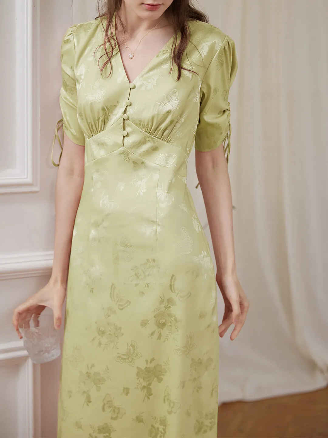 【Final Sale】Kora Retro Floral Jacquard Green Tea Length Dress