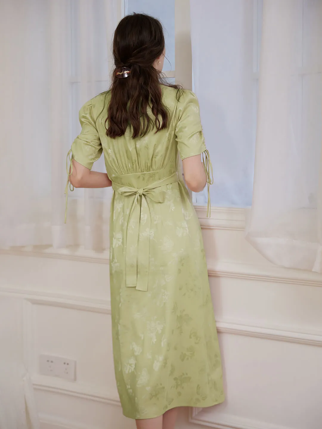 【Final Sale】Kora Retro Floral Jacquard Green Tea Length Dress