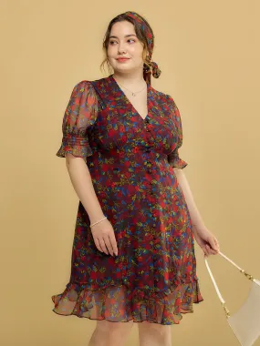 【Final Sale】Plus Size Kora Floral Printed Maxi Dress-Dark Red