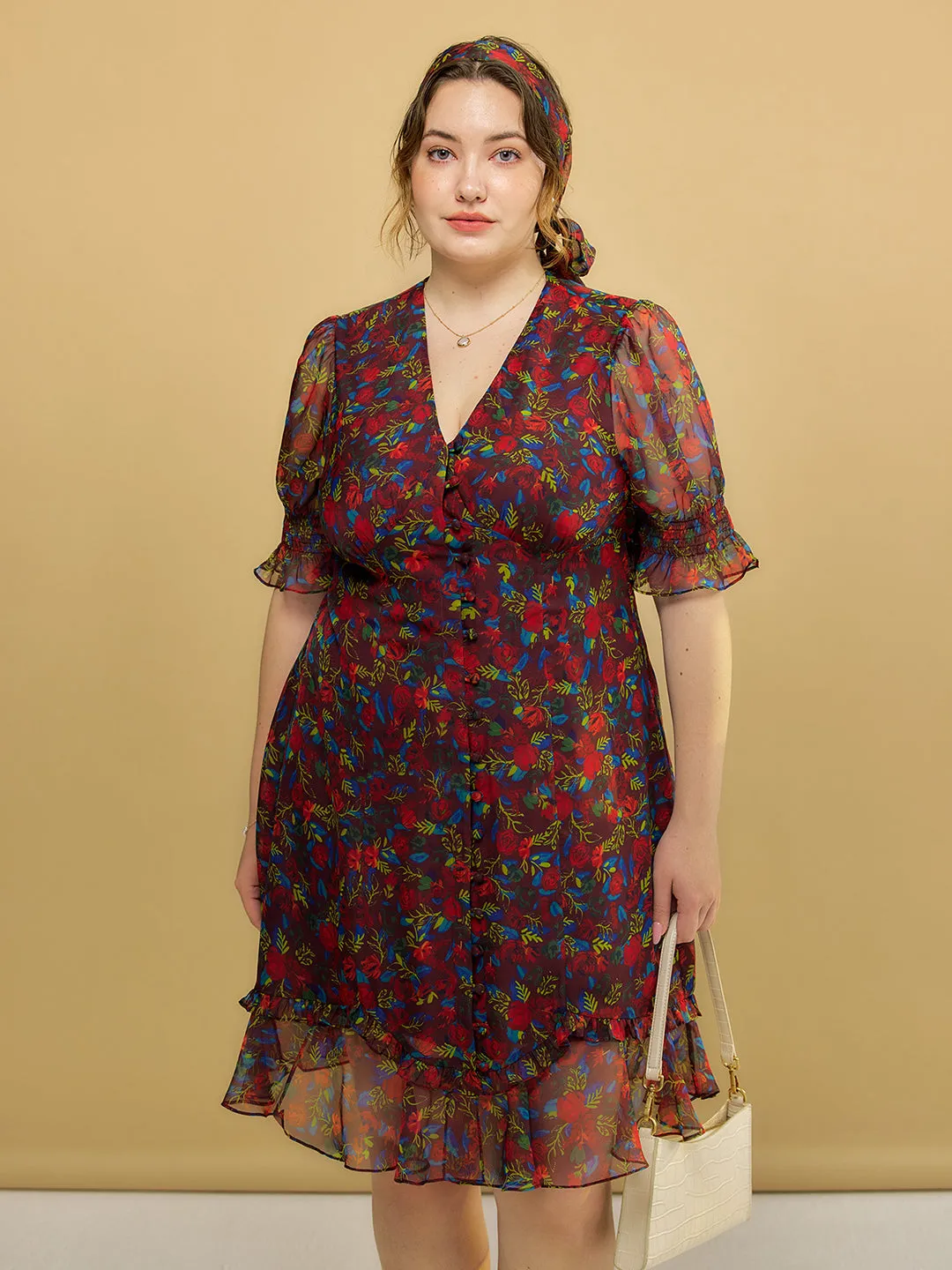 【Final Sale】Plus Size Kora Floral Printed Maxi Dress-Dark Red