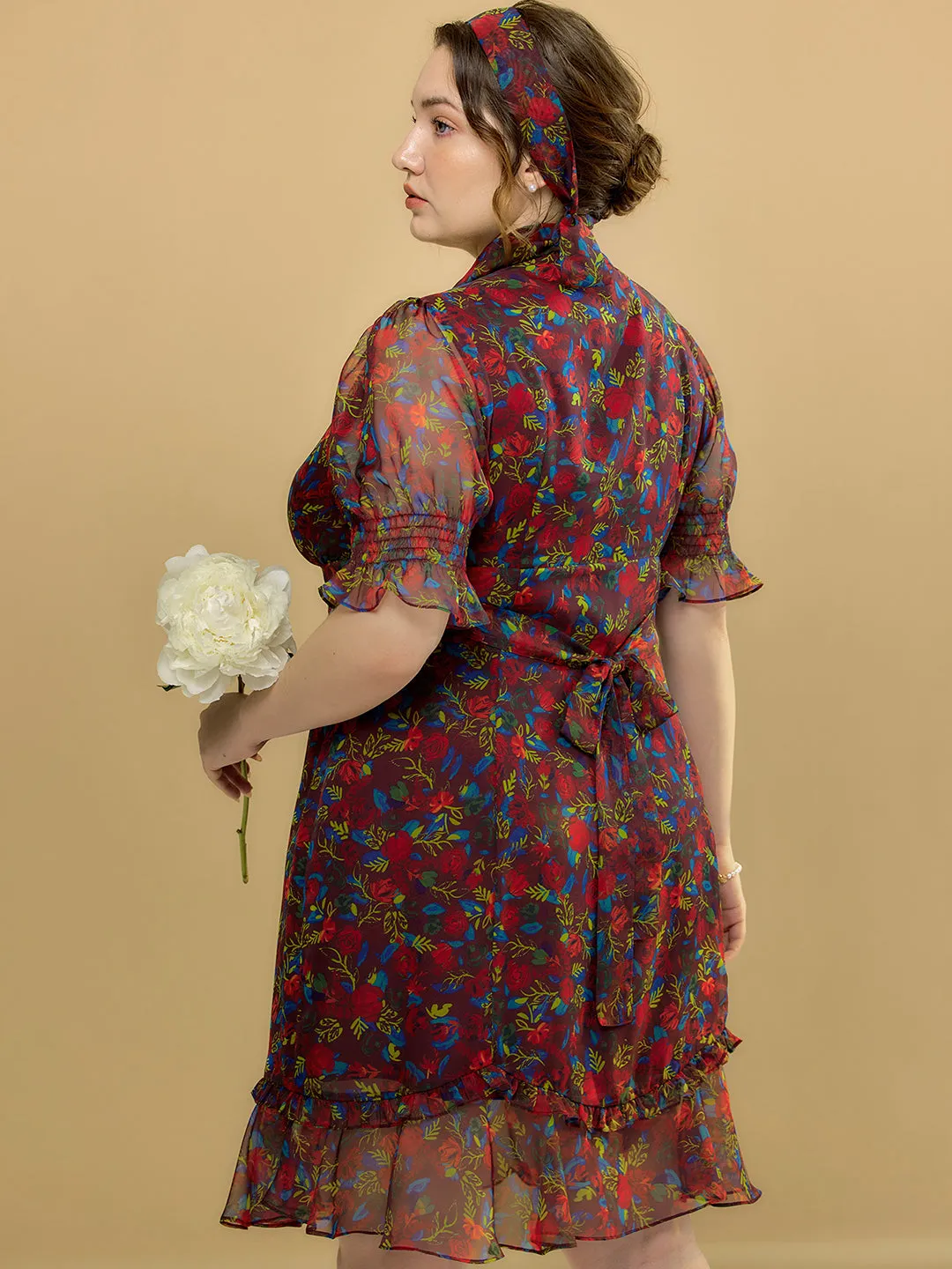 【Final Sale】Plus Size Kora Floral Printed Maxi Dress-Dark Red