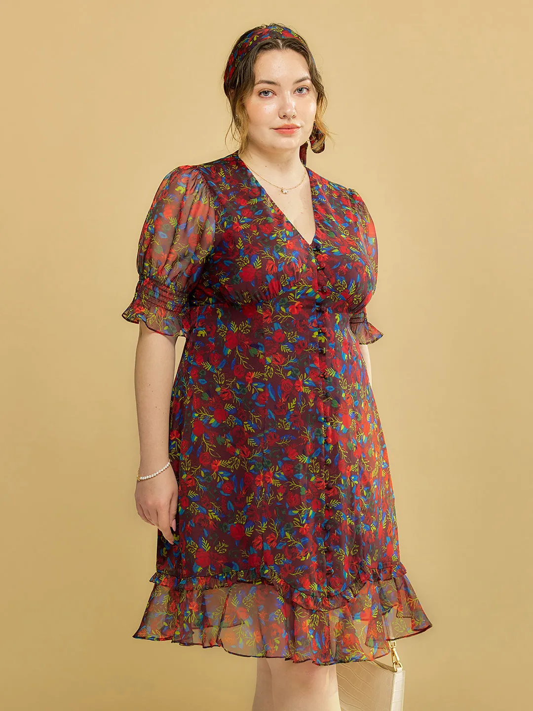 【Final Sale】Plus Size Kora Floral Printed Maxi Dress-Dark Red