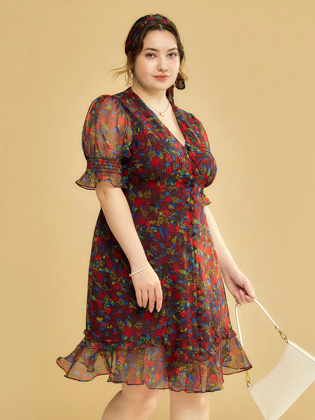 【Final Sale】Plus Size Kora Floral Printed Maxi Dress-Dark Red