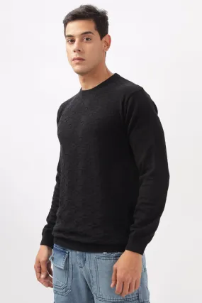 Geometric Knitted Black Full-Sleeve T-Shirt